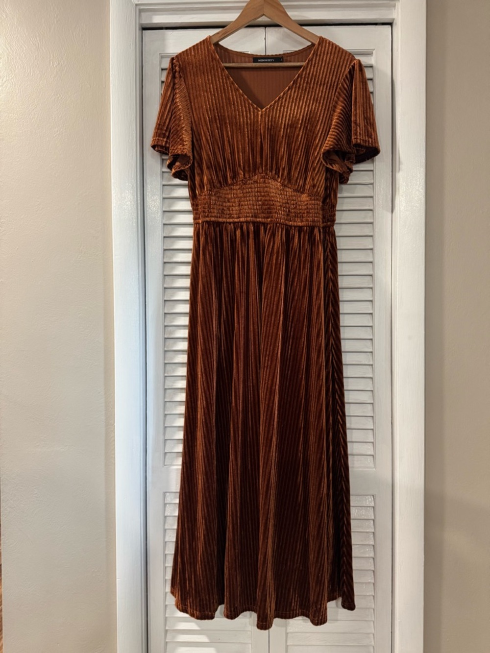 Rust Velvet Maxi Dress with Smocked Waist